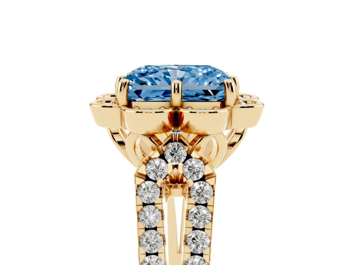 Fancy Blue Radiant Cut Halo Diamond Floral Split Shank Engagement Ring Yellow gold