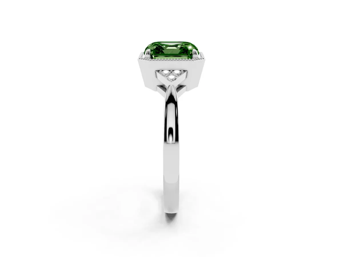 Fancy Green Asscher Cut Diamond Halo Ring with Tapered Band and Four-Prong Setting White gold