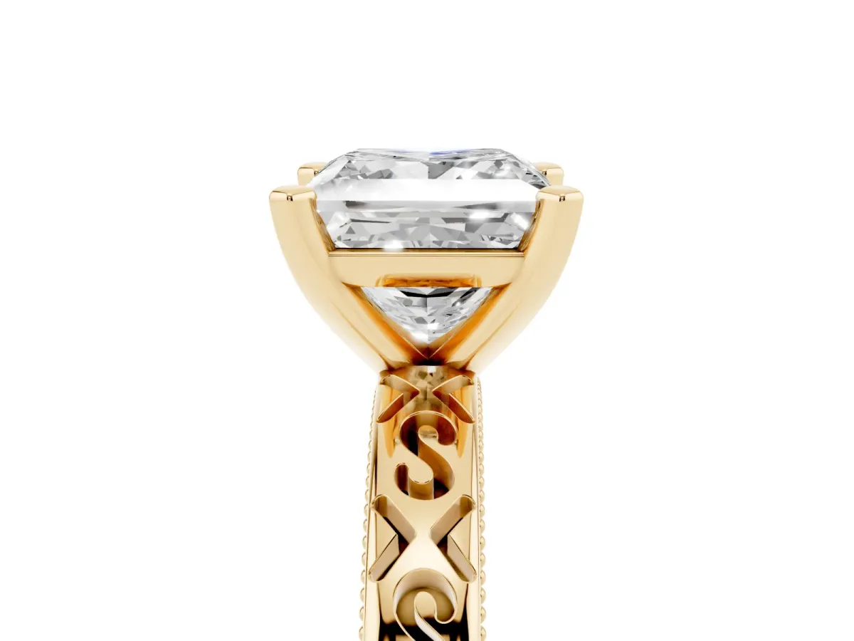 Princess Cut Solitaire Engagement Ring with Scrollwork Band and Four-Prong Setting Yellow gold