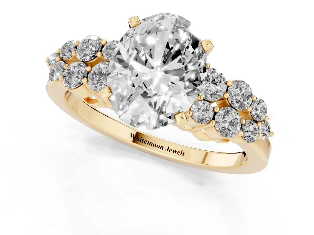 Oval Cut Cluster Diamond Engagement Ring with Pavé Band and Four-Prong Setting Yellow gold