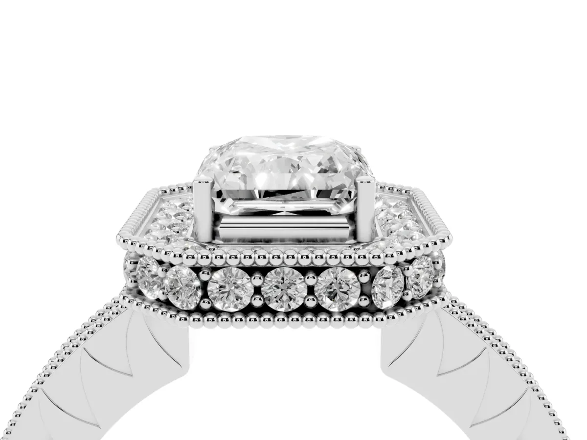 Radiant Cut Diamond Milgrain Halo Engagement Ring with Round Pavé Band and Prong Setting White gold