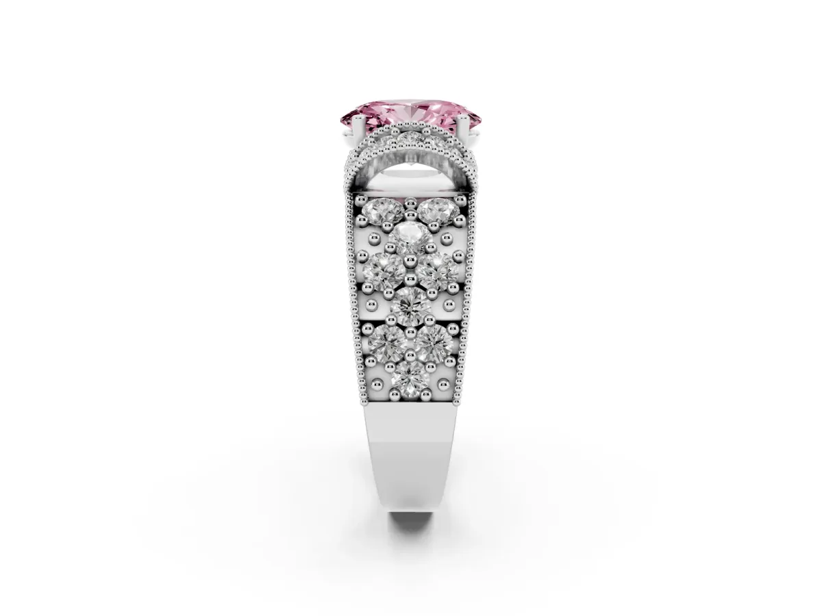 Fancy Pink Oval Cut Halo Pave Diamond Engagement Ring with Milgrain Detailing Silver