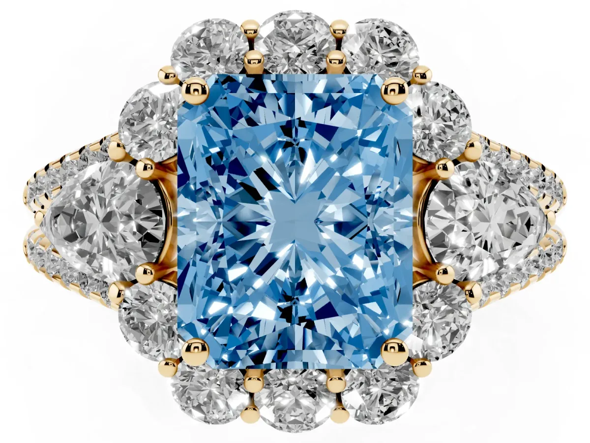 Fancy Blue Radiant Cut Halo Split Shank Diamond Engagement Ring with Prong Setting Yellow gold