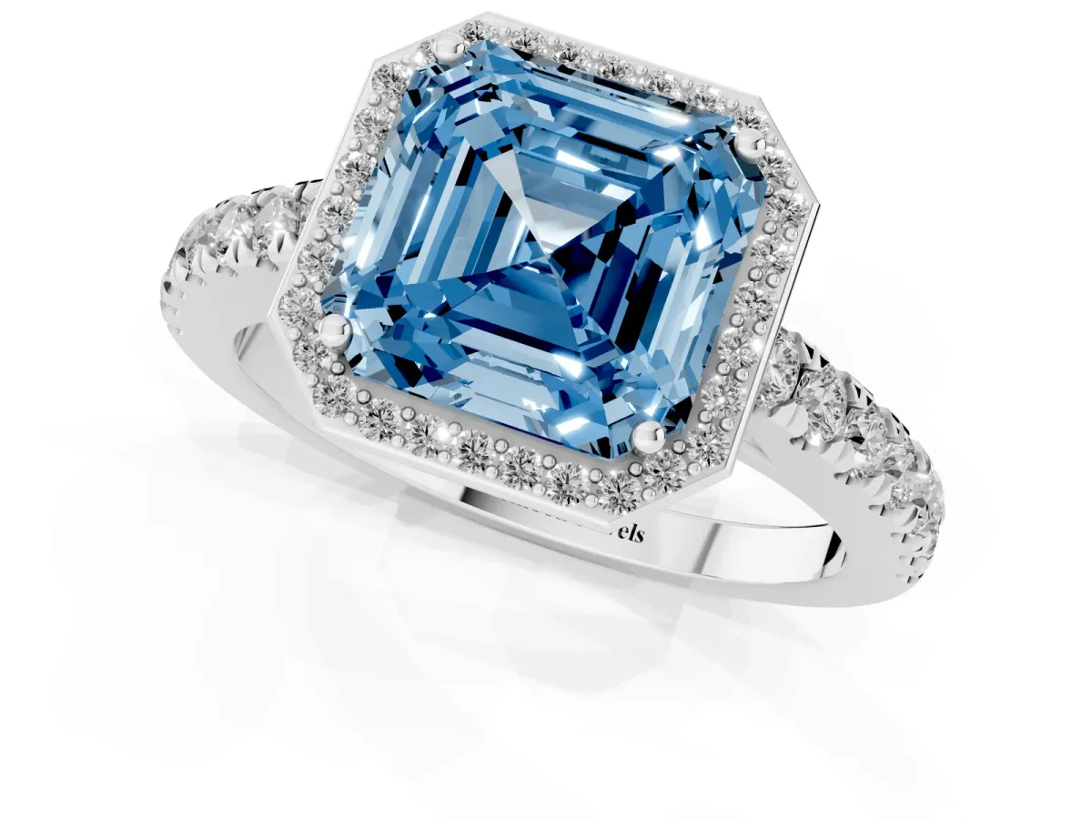 Fancy Blue Asscher Cut Cut Halo Diamond Engagement Ring with Pave Band and Four-Prong Setting Platinum
