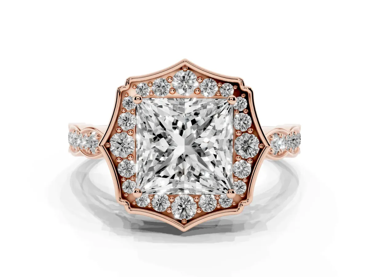 Princess Cut Halo Diamond Engagement Ring with Milgrain Band and Four-Prong Setting Rose gold