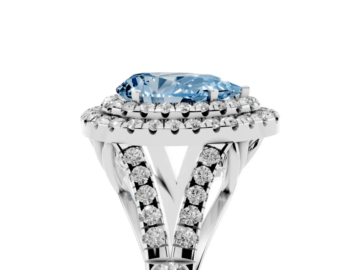 Fancy Blue Double Halo Pear Cut Diamond Split Shank Engagement Ring with Four-Prong Setting Silver