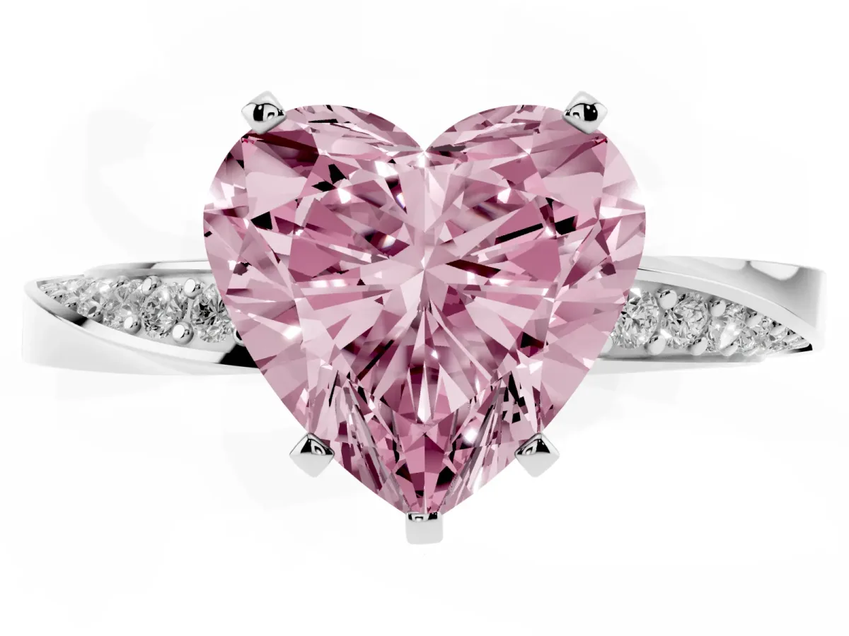 Fancy Pink Heart Cut Diamond Engagement Ring with Side Stone Accents and Four-Prong Setting Platinum