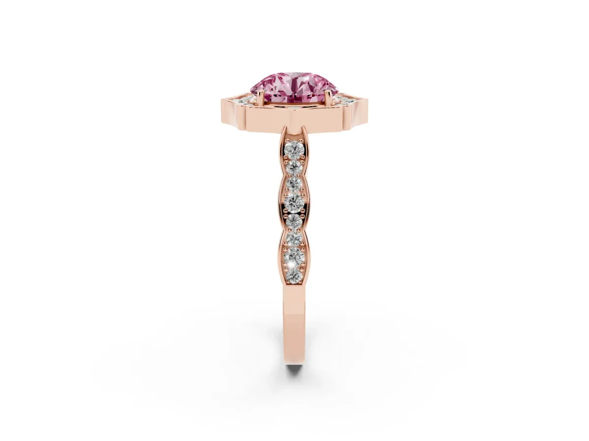 Fancy Pink Round Cut Halo Diamond Engagement Ring with Milgrain Band and Four-Prong Setting Rose gold