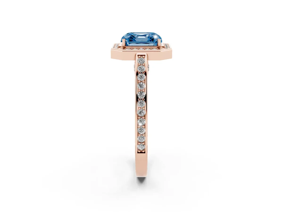 Fancy Blue Asscher Cut Cut Halo Pave Split Shank Prong Setting Ring Rose gold