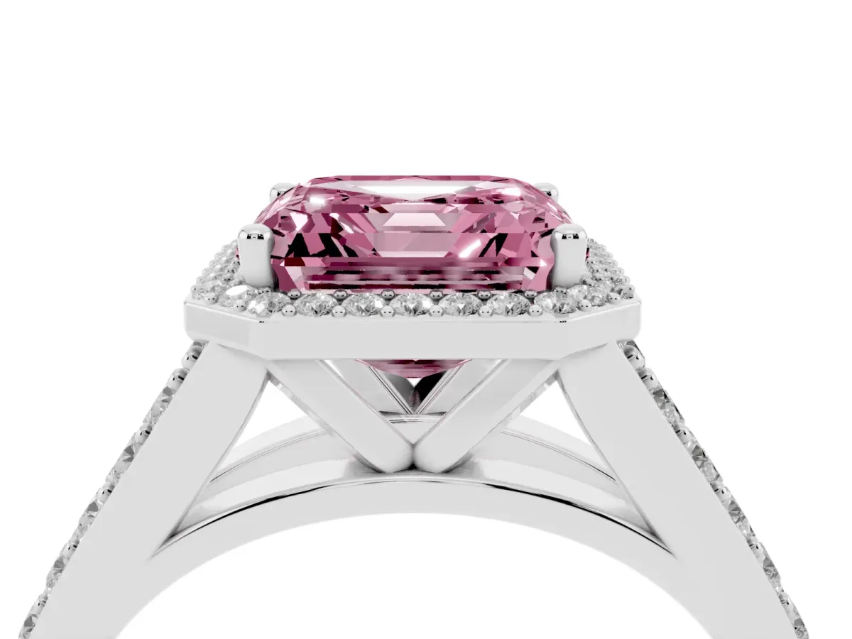 Fancy Pink Asscher Cut Diamond Split Shank Halo Ring with Four-Prong Setting Silver