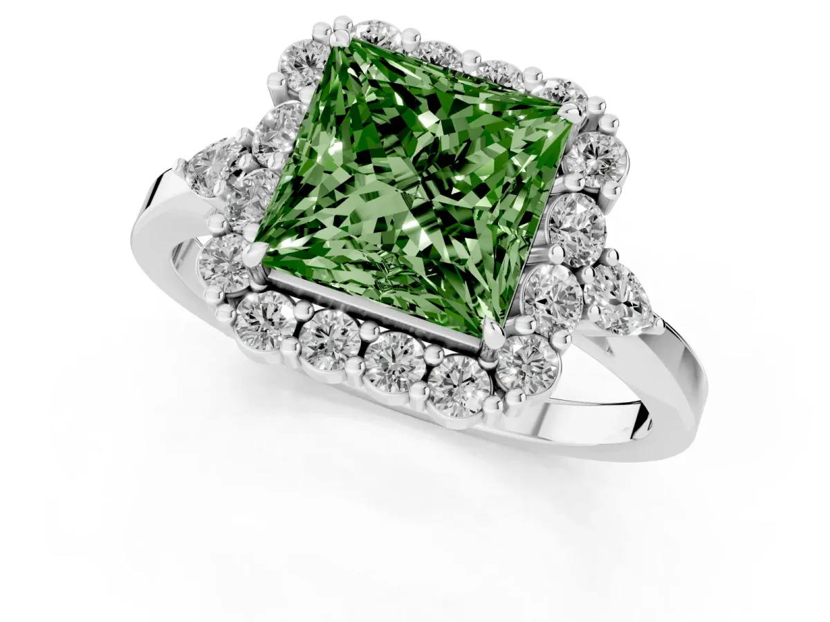 Fancy Green Princess Cut Diamond Halo Ring with Pear Side Stones and Prong Setting Platinum