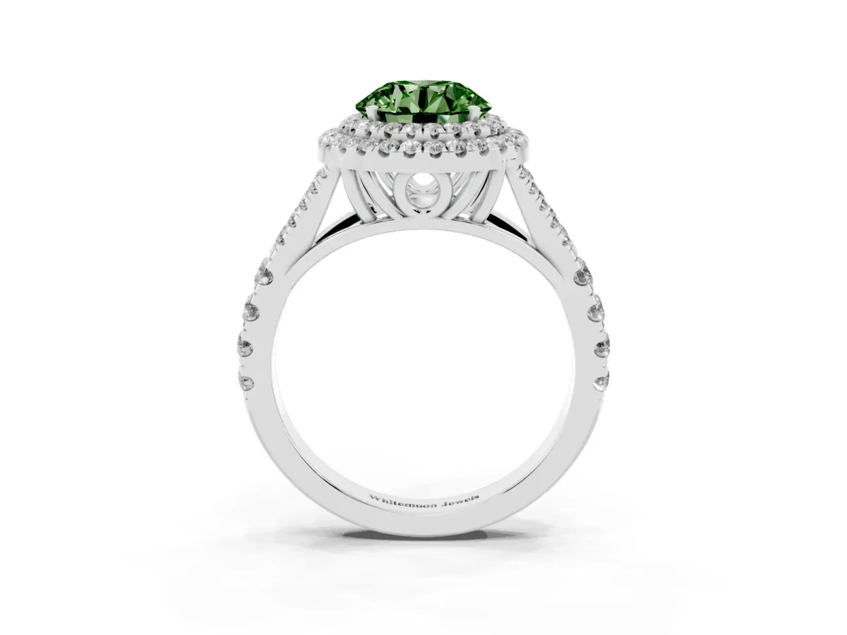 Fancy Green Round Cut Diamond Double Halo Ring with Split Shank and Prong Setting Platinum