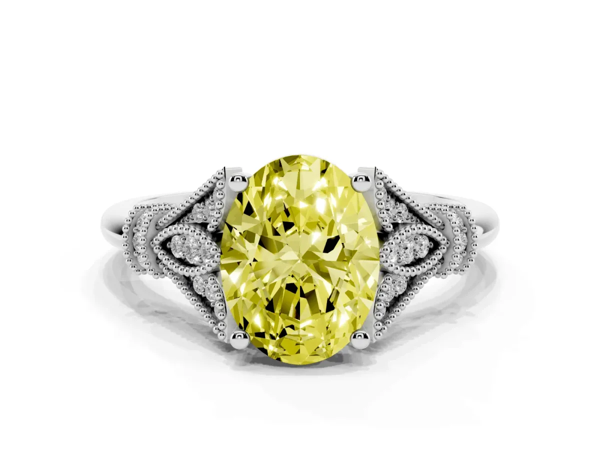Fancy Yellow Oval Cut Diamond Solitaire Ring with Floral Filigree and Pave Accents White gold