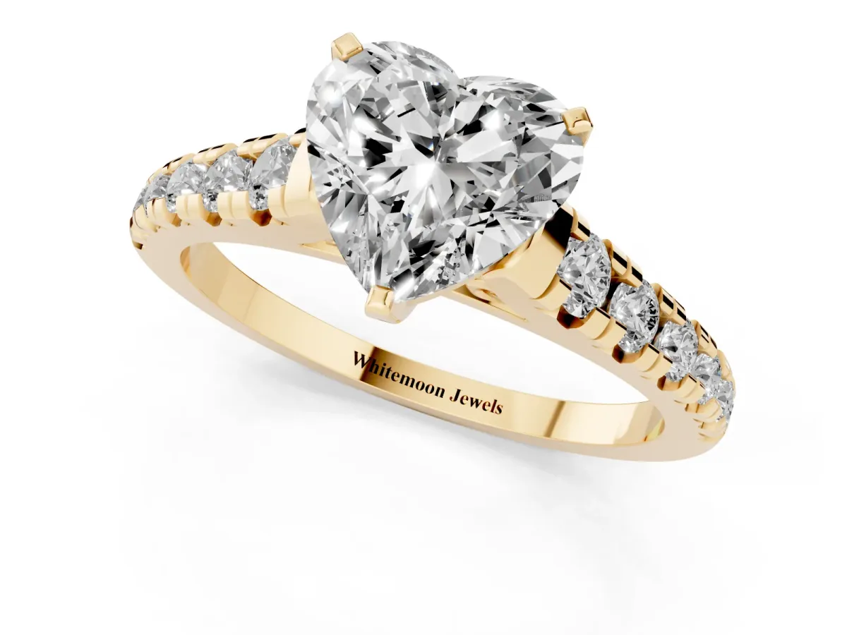 Heart Cut Diamond Cathedral Solitaire Ring with Round Pavé Band Yellow gold