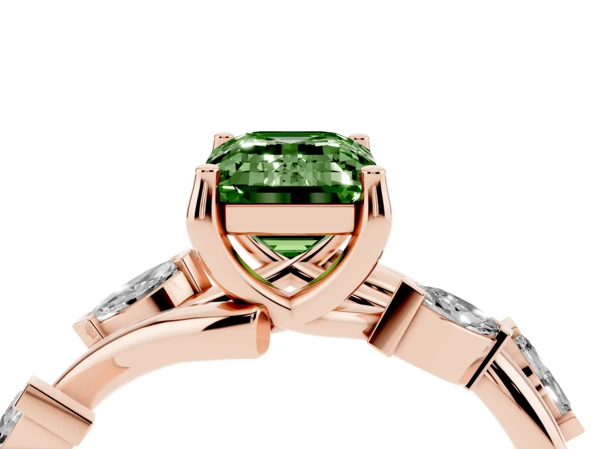 Fancy Green Emerald Cut Solitaire Twisted Band Marquise Accent Prong Setting Ring Rose gold