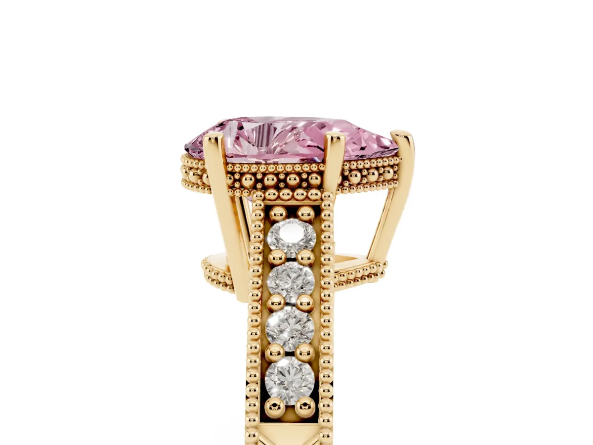 Fancy Pink Pear Cut Solitaire Pavé Diamond Milgrain Engagement Ring with Four-Prong Setting Yellow gold