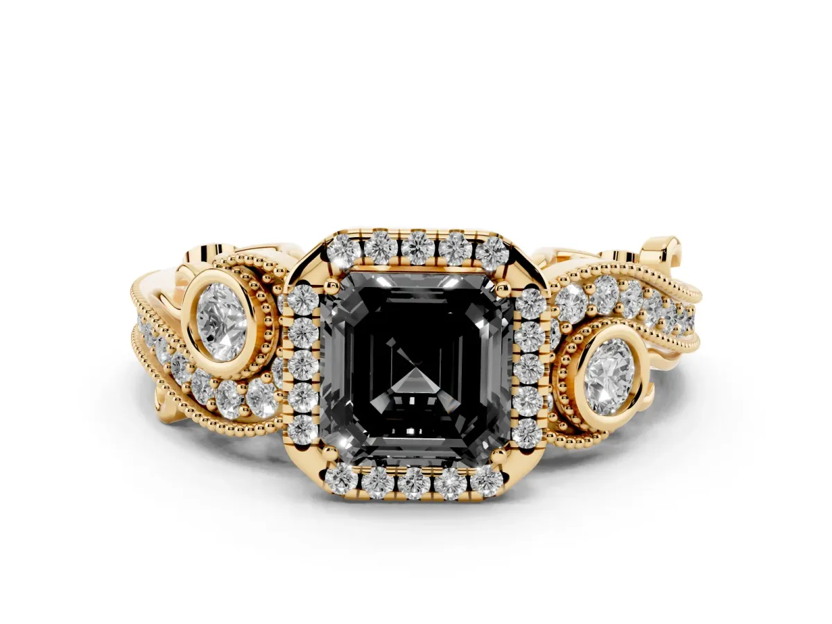 Fancy Black Asscher Cut Halo Diamond Ring with Milgrain and Bezel Accents on a Split Shank Band Yellow gold