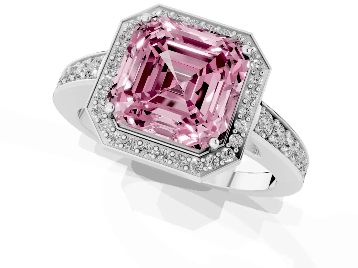 Fancy Pink Asscher Cut Halo Pavé Diamond Engagement Ring with Bezel Setting Platinum