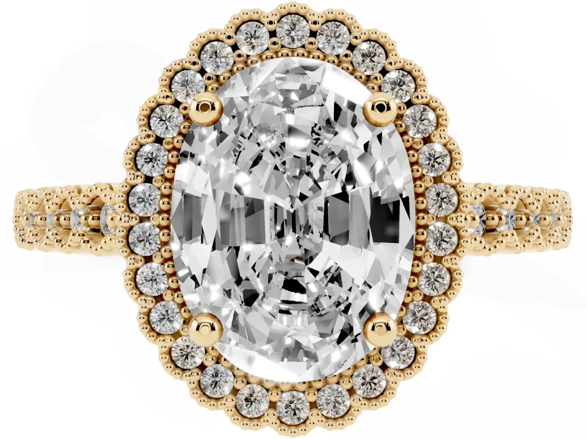 Oval Cut Cut Halo Pavé Solitaire Ring with Milgrain Band Yellow gold