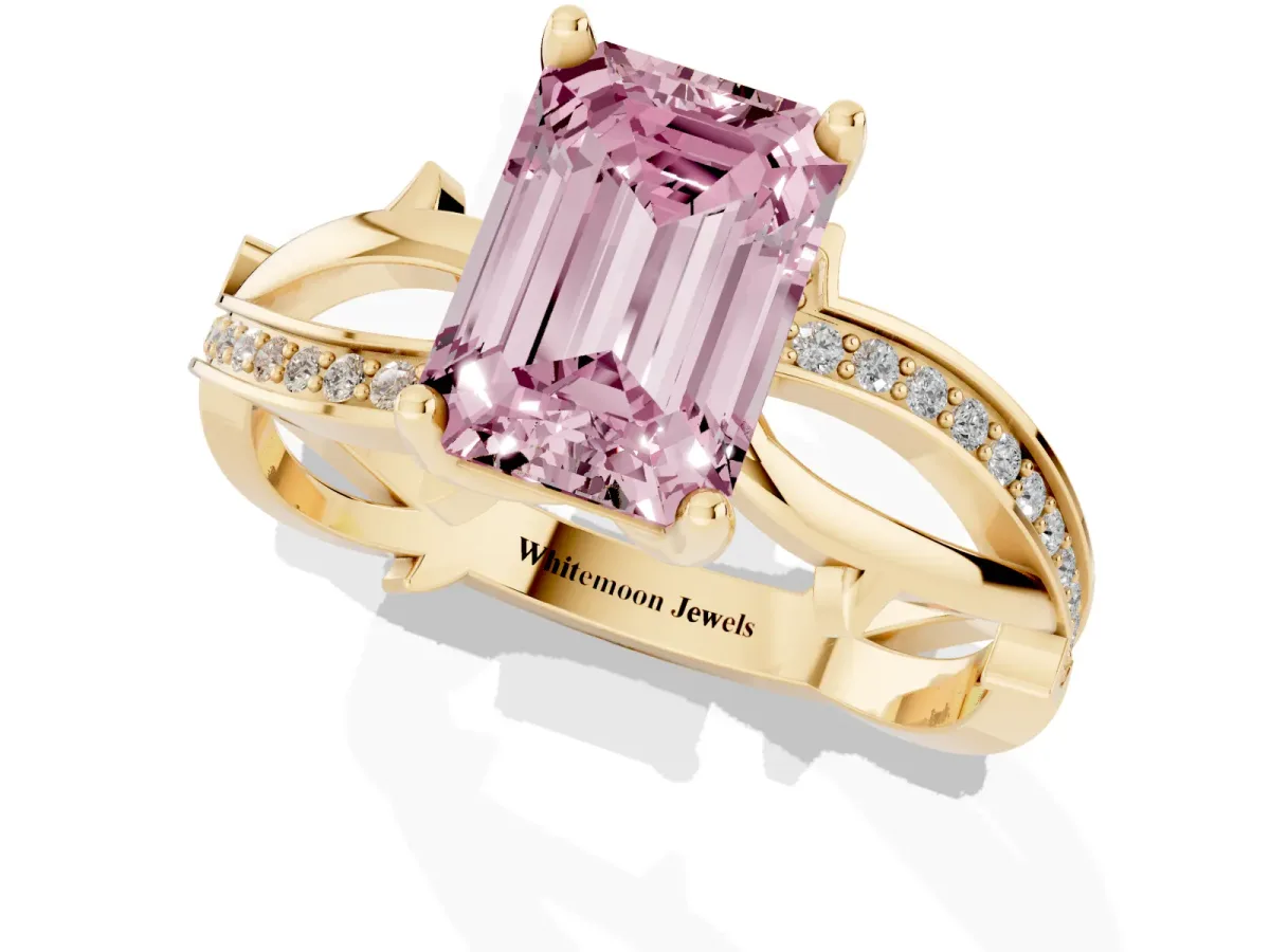 Fancy Pink Emerald Cut Solitaire Twist Band with Pavé Accents and Four-Prong Setting Yellow gold