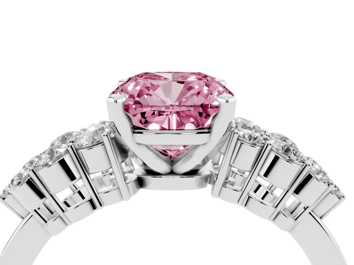 Fancy Pink Cushion Cut Cluster Diamond Engagement Ring with Pavé Band and Four-Prong Setting Platinum
