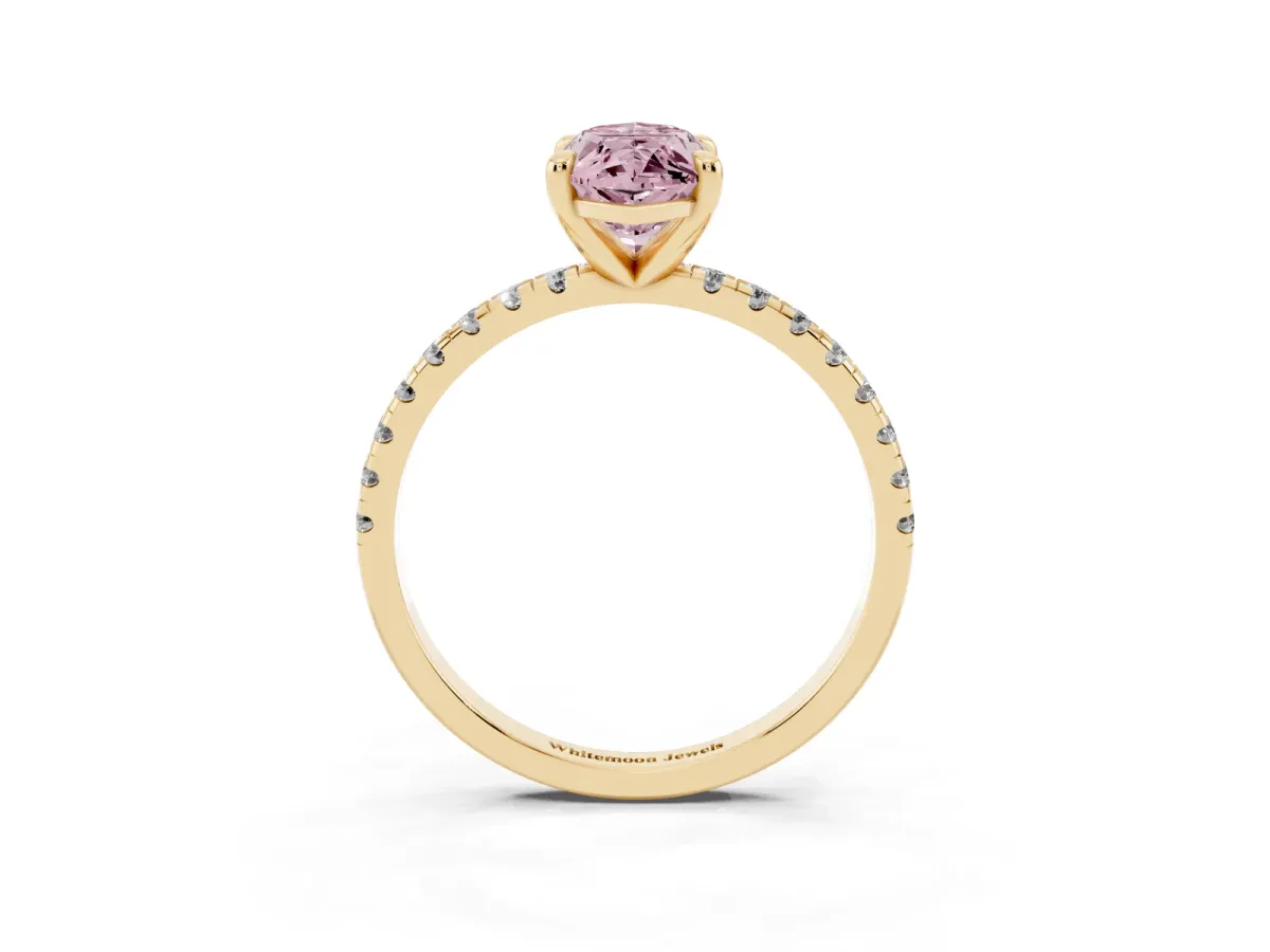 Fancy Pink Marquise Cut Diamond Brilliant Solitaire Ring with Pavé Band and Four-Prong Setting Yellow gold