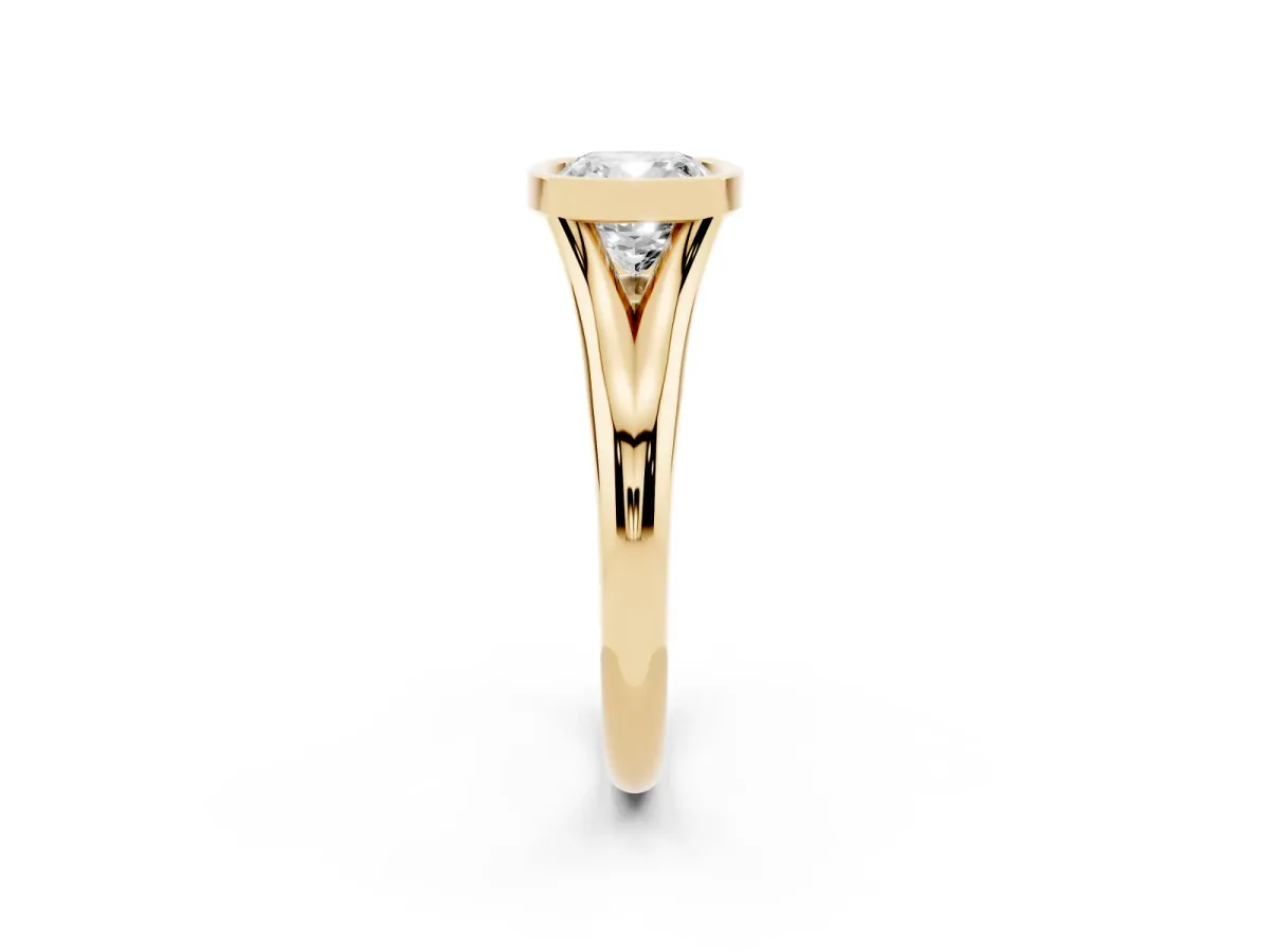 Bezel Set Cushion Cut Solitaire Diamond Ring with Smooth Band Yellow gold