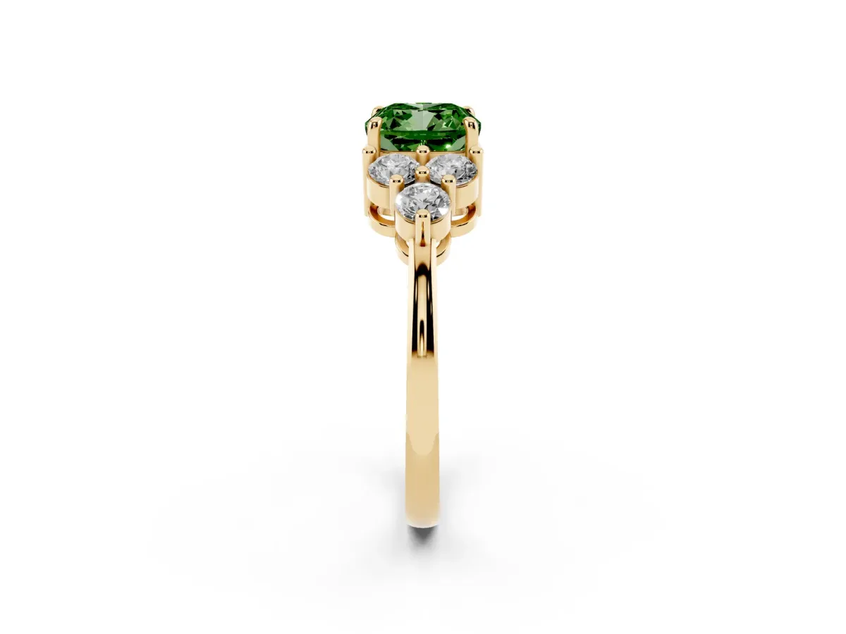 Fancy Green Cushion Cut Brilliant Diamond Cluster Accent Solitaire Ring with Prong Setting Yellow gold