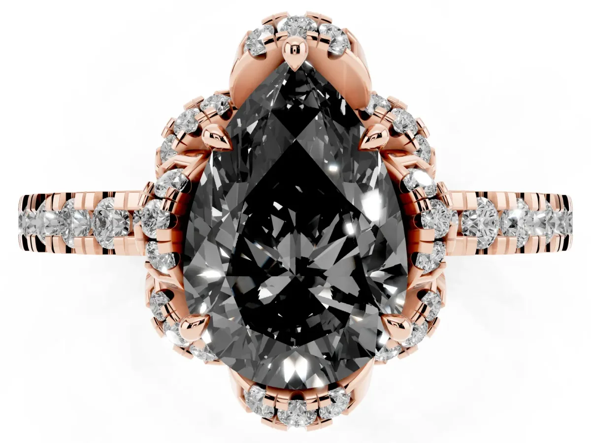 Fancy Black Pear Cut Diamond Halo Pave Band with Four-Prong Setting Rose gold