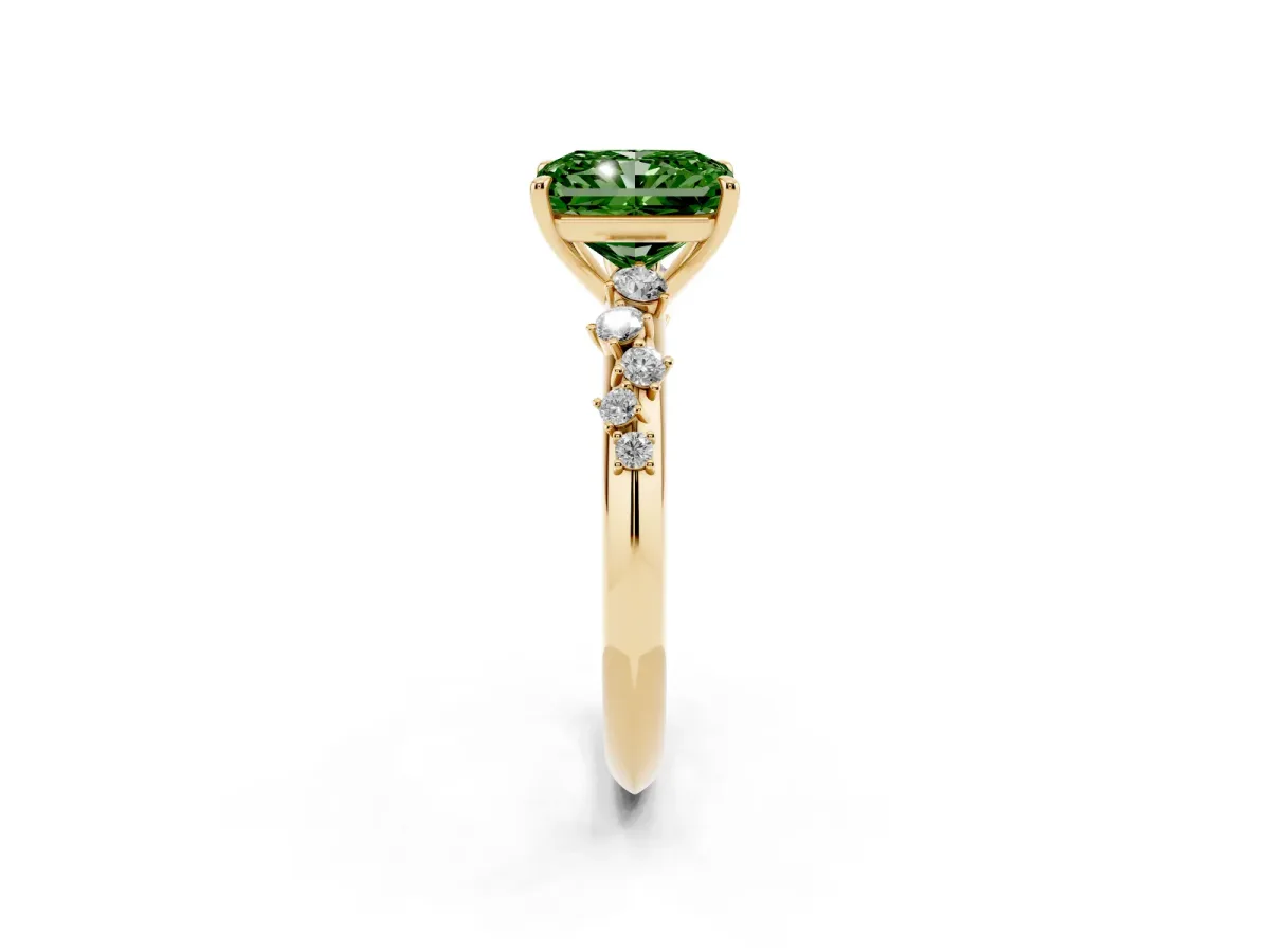 Fancy Green Radiant Cut Diamond Cluster Side Stone Solitaire Ring with Prong Setting Yellow gold
