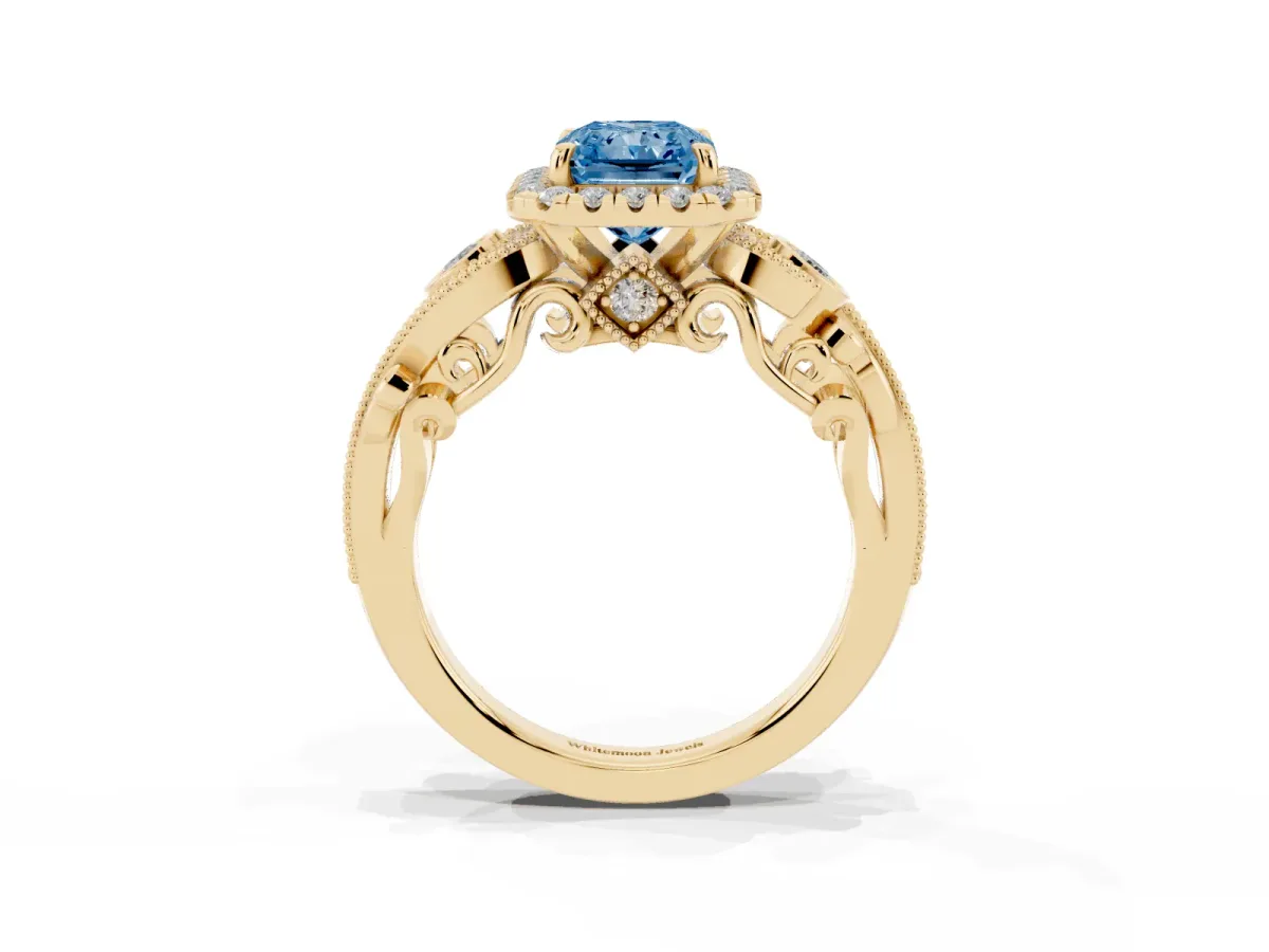 Fancy Blue Radiant Cut Halo Diamond Ring with Milgrain and Bezel Accents on a Split Shank Band Yellow gold
