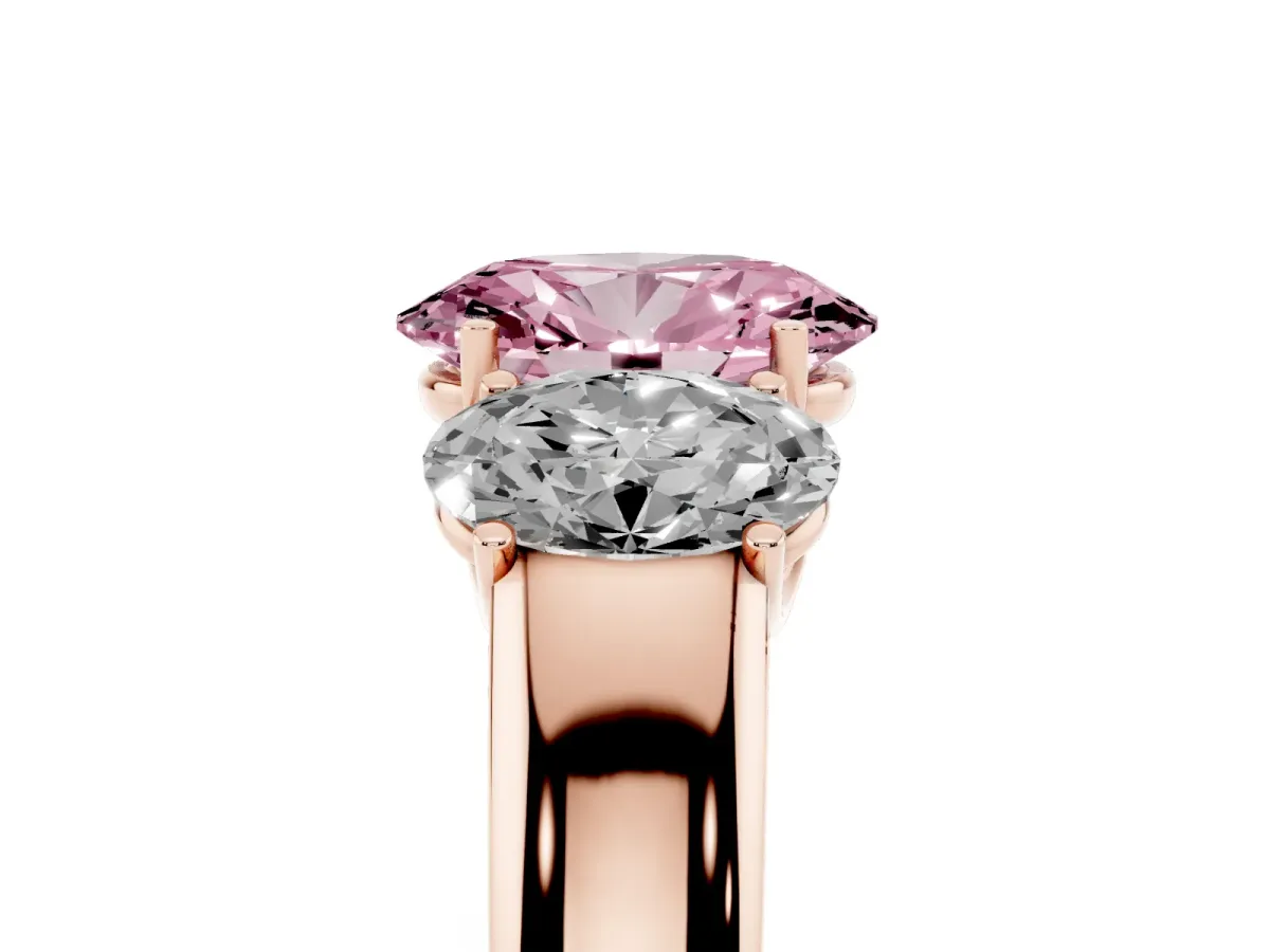 Fancy Pink Three-Stone Oval Cut Cut Diamond Ring with Prong Setting and Classic Band Rose gold