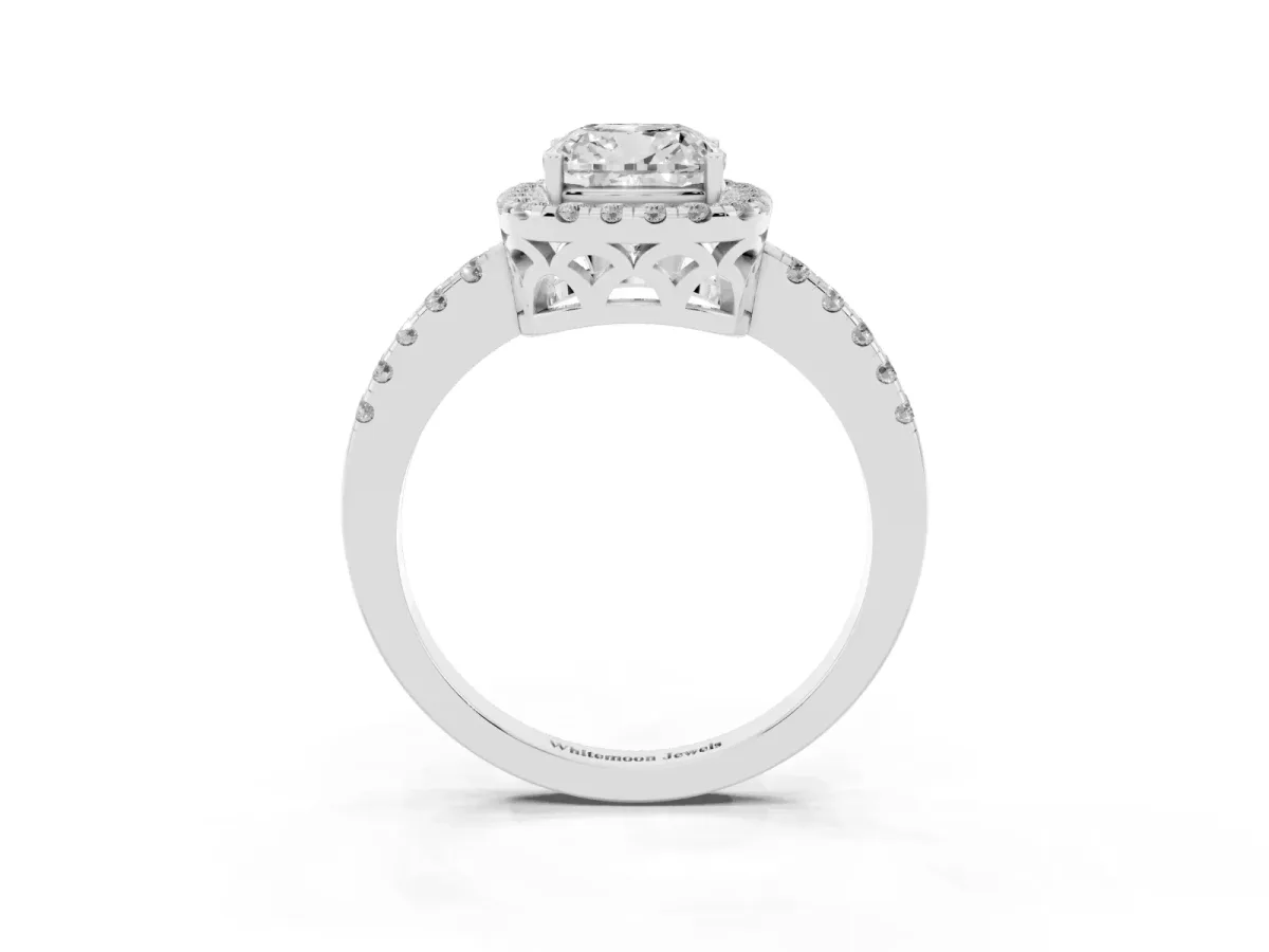 Cushion Cut Halo Diamond Engagement Ring with Pavé Band and Four-Prong Setting Silver