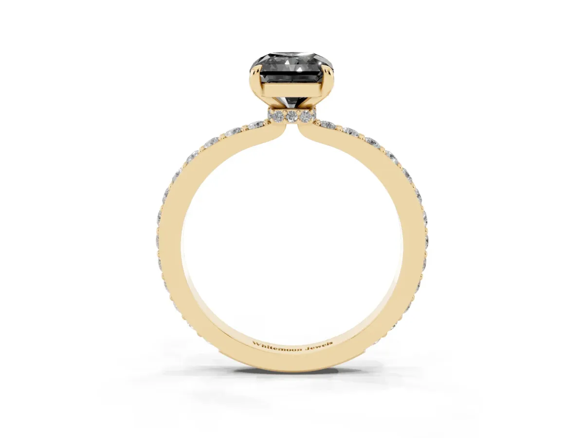 Fancy Black Radiant Cut Diamond Pavé Engagement Ring with Round Accents and Prong Setting Yellow gold