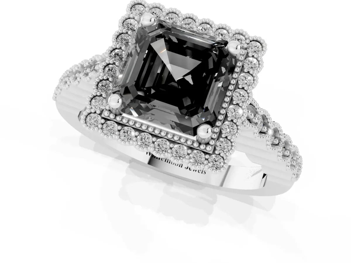 Fancy Black Asscher Cut Cut Halo Pavé Solitaire Ring with Milgrain Band Silver