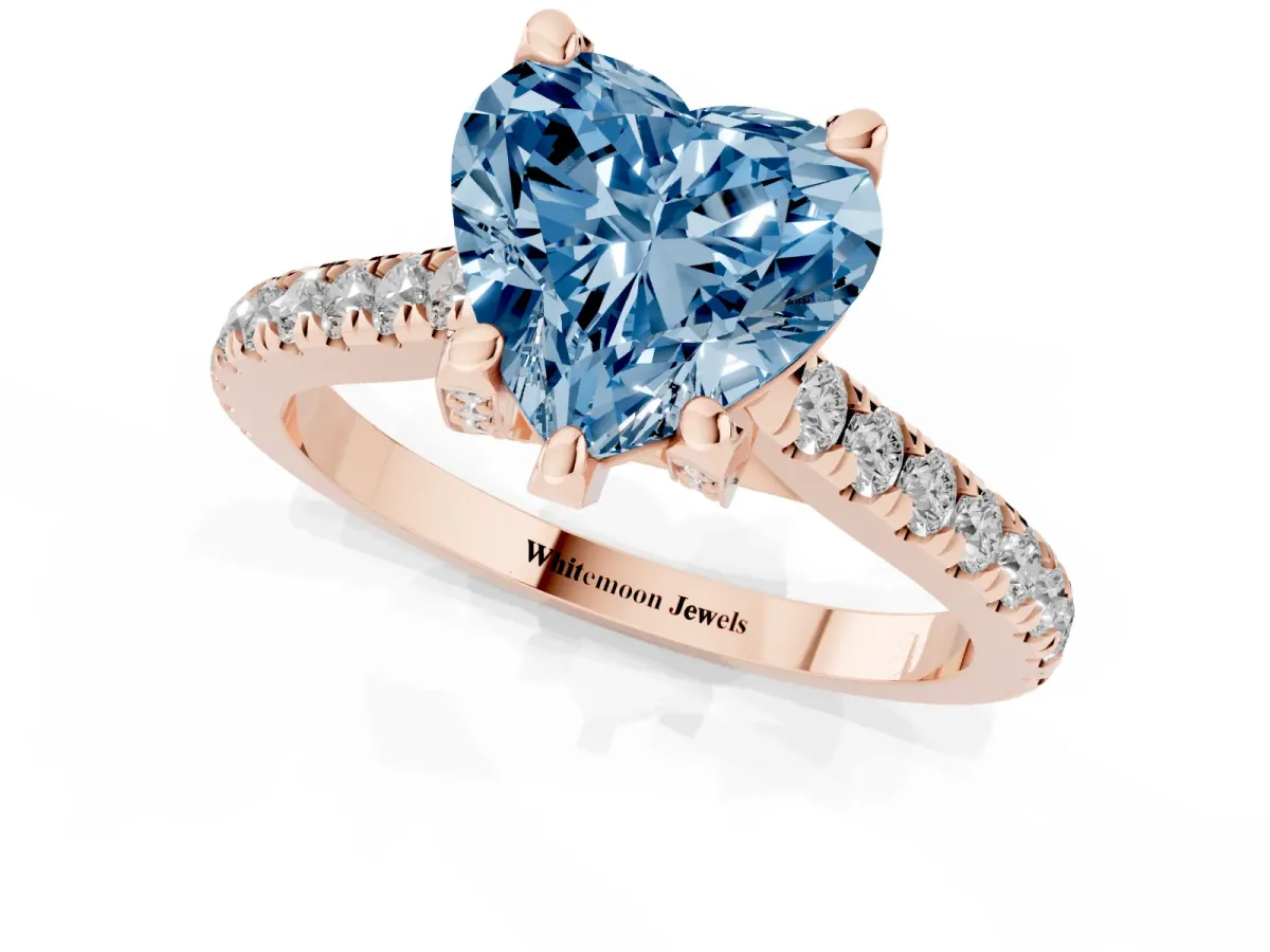 Fancy Blue Heart Cut Brilliant Diamond Solitaire with Pavé Band and Four-Prong Setting Rose gold