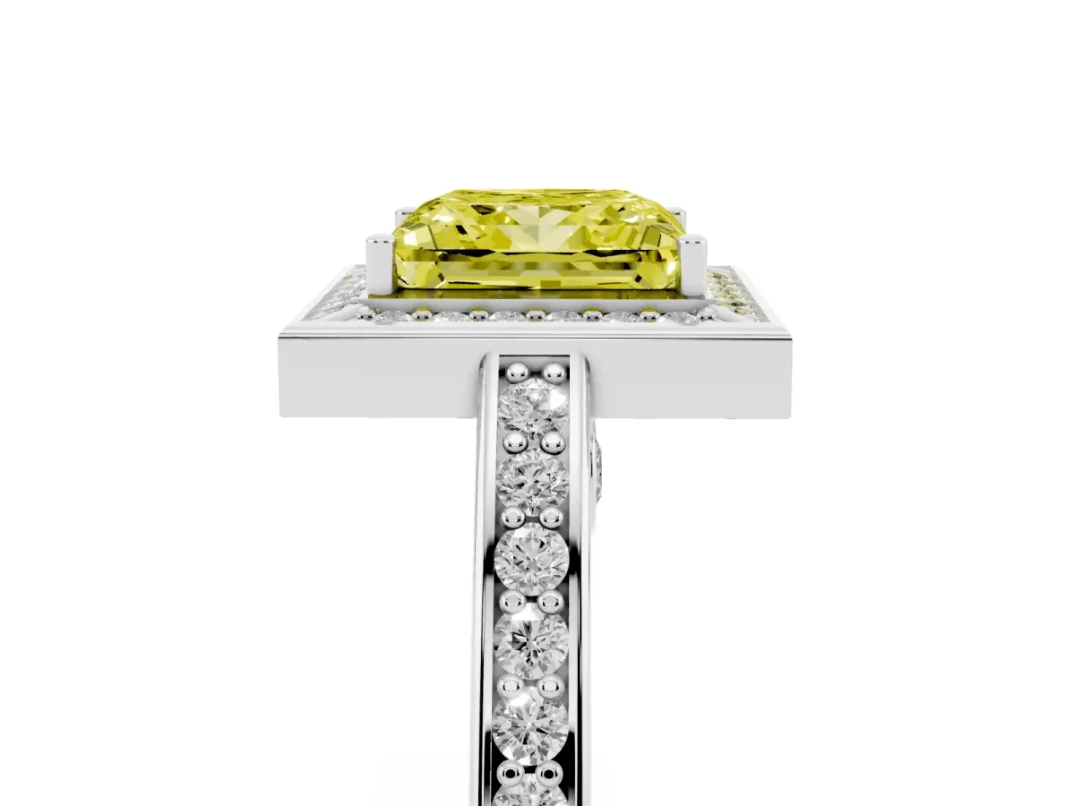 Fancy Yellow Princess Cut Cut Halo Pave Split Shank Prong Setting Ring White gold