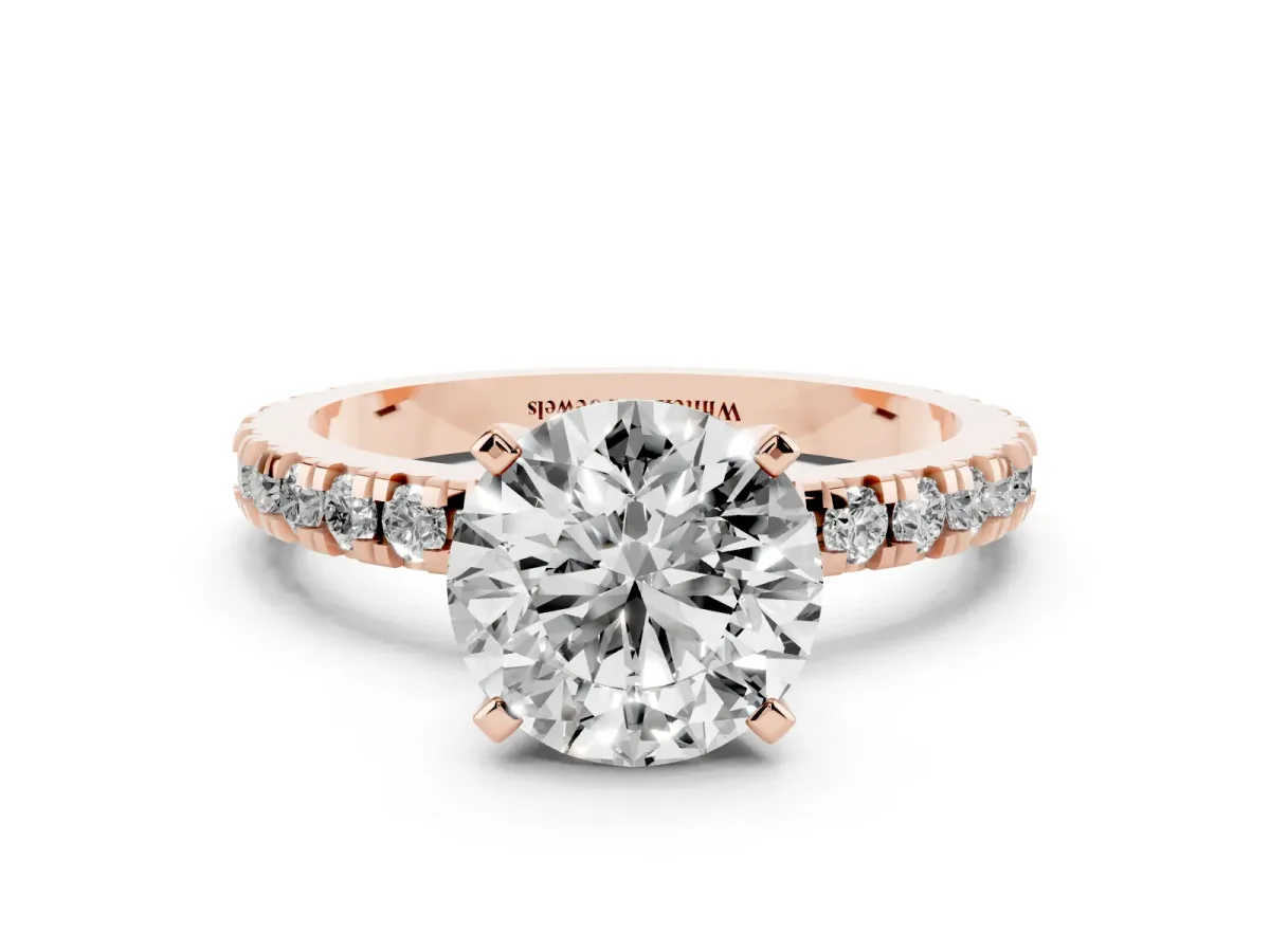 Round Cut Diamond Pavé Band Solitaire with Four-Prong Setting Rose gold