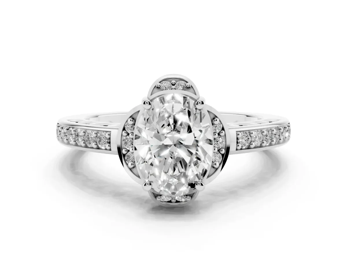 Oval Cut Cut Halo Diamond Ring with Channel Set Band and Four-Prong Setting White gold