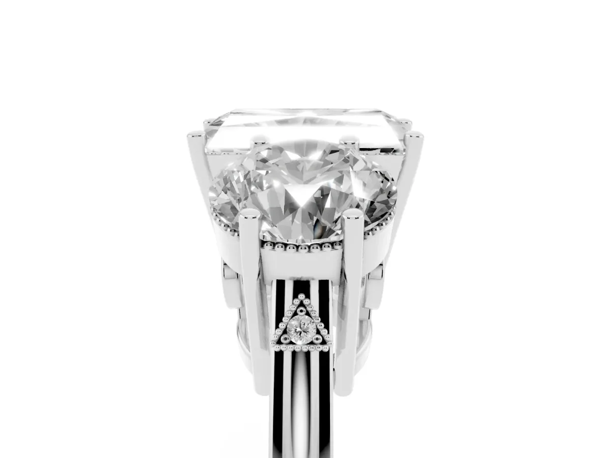 Three-Stone Radiant Cut Diamond Engagement Ring with Prong Setting on a Classic Band Silver