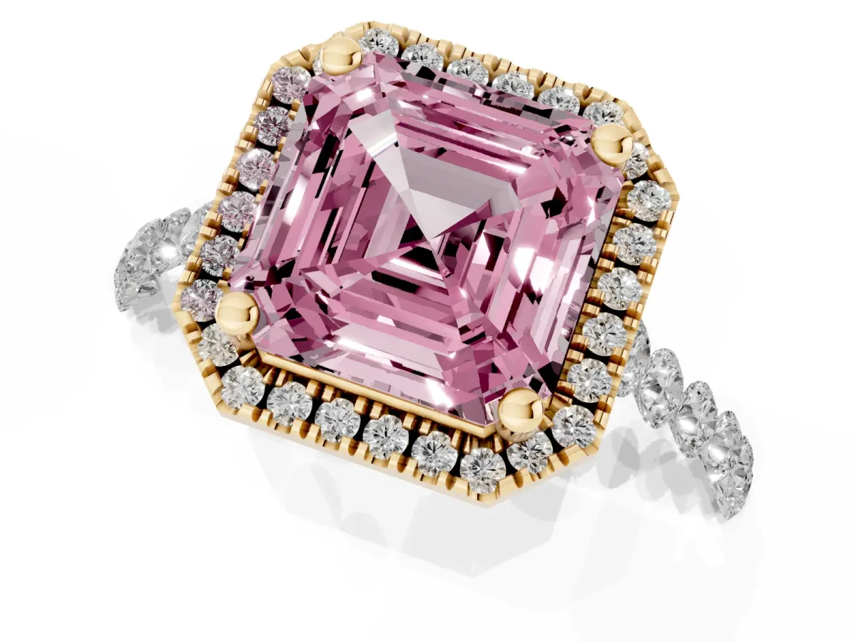 Fancy Pink Asscher Cut Halo Pavé Diamond Engagement Ring with Four-Prong Setting Yellow gold