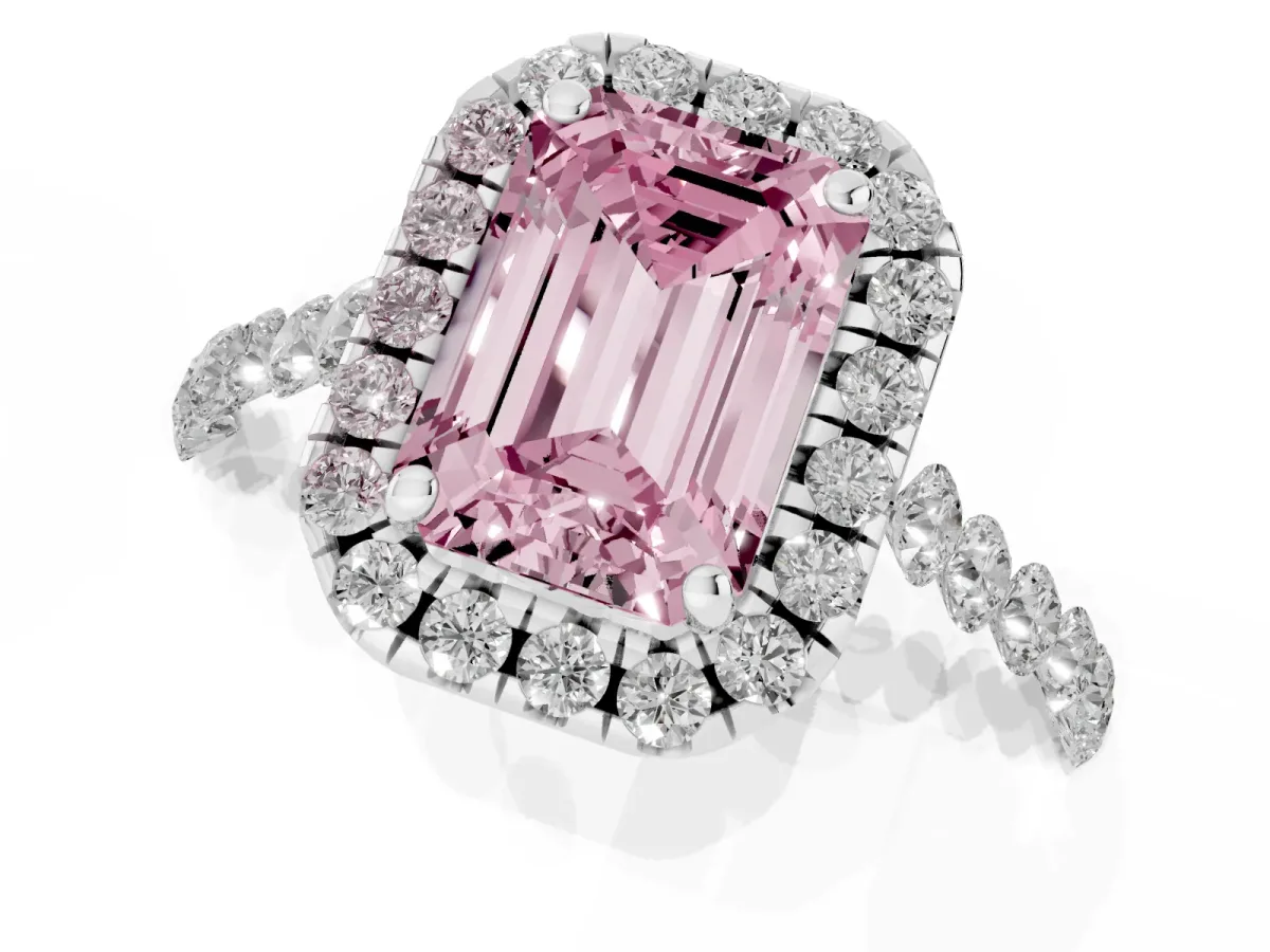 Fancy Pink Emerald Cut Halo Pavé Diamond Engagement Ring with Four-Prong Setting Silver