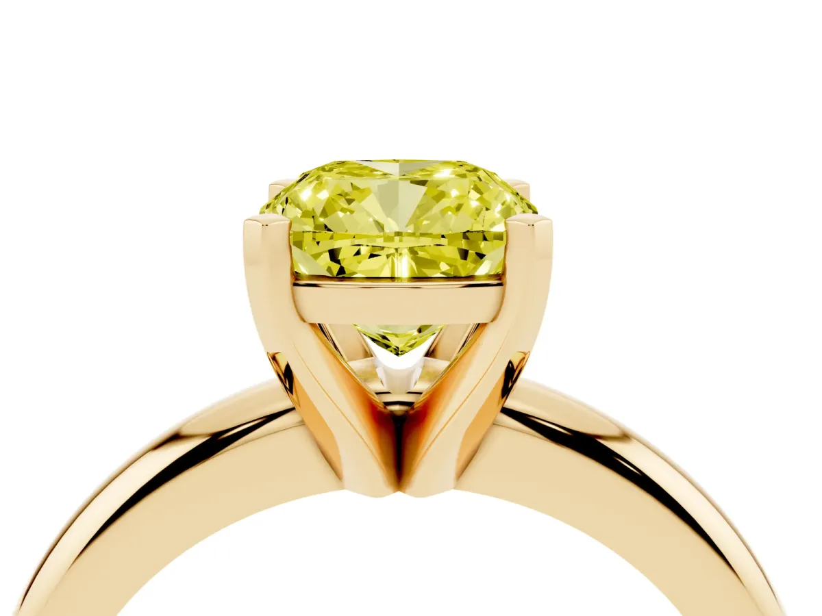 Fancy Yellow Cushion Cut Diamond Solitaire Engagement Ring with Round Band and Four-Prong Setting Yellow gold