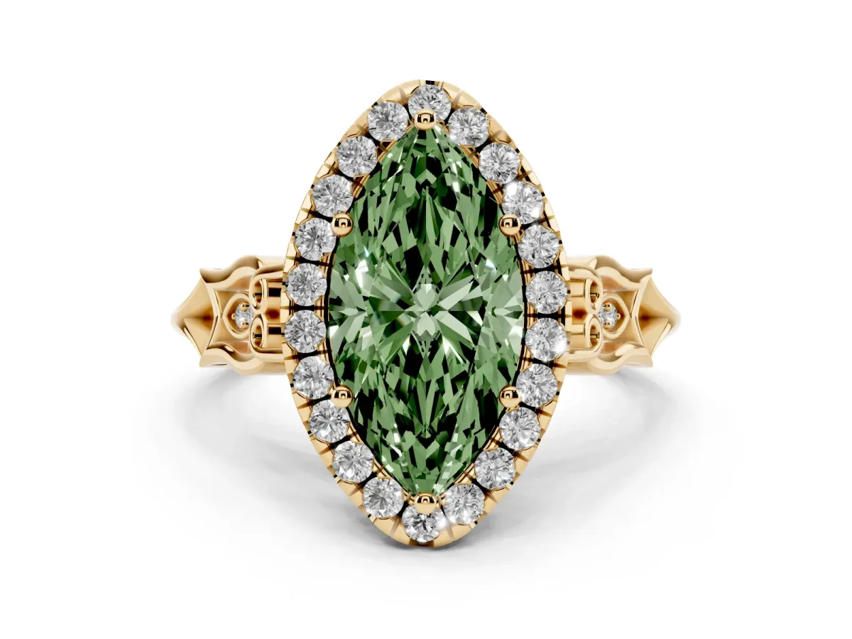 Fancy Green Marquise Cut Halo Diamond Engagement Ring with Filigree Band and Four-Prong Setting Yellow gold