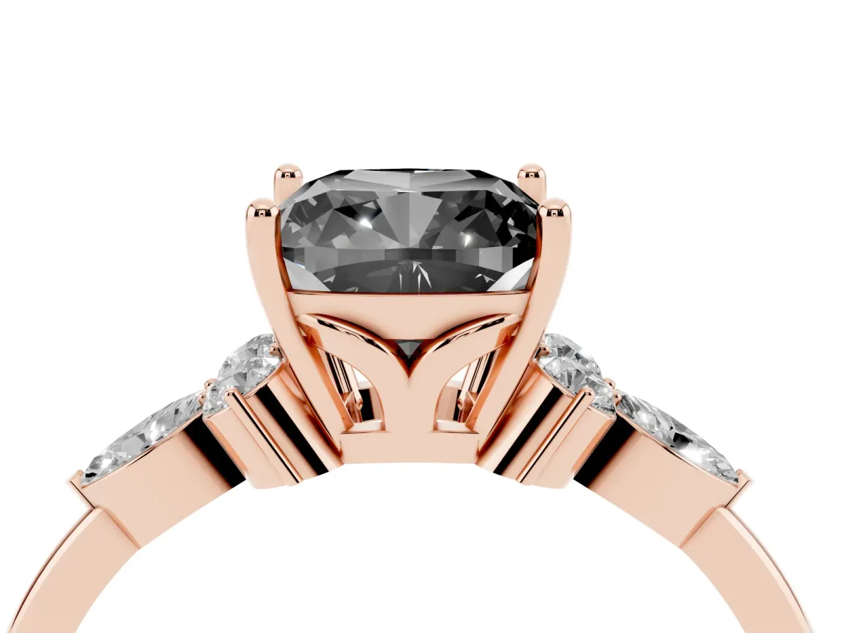 Fancy Black Cushion Cut Brilliant Diamond Solitaire Ring with Pear Side Stones and Four-Prong Setting Rose gold