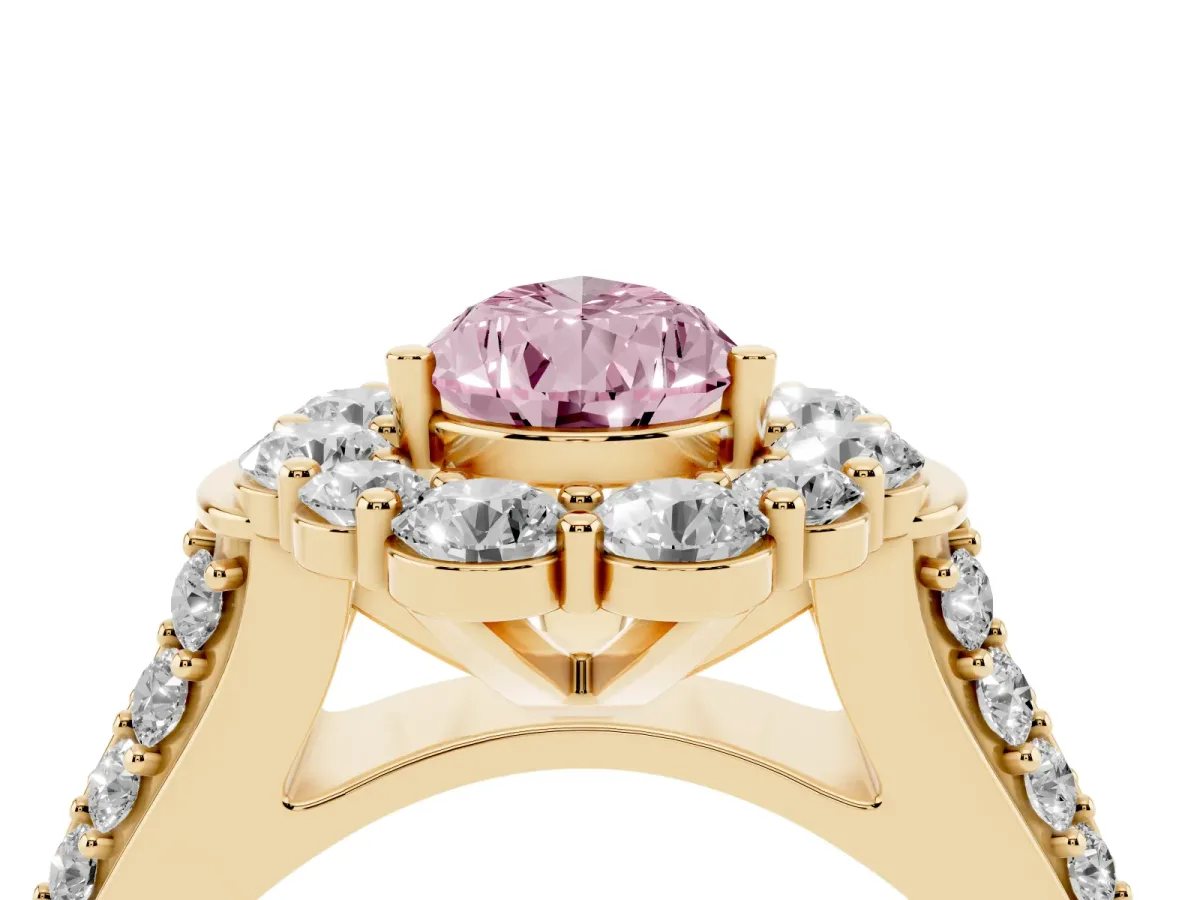 Fancy Pink Pear Cut Halo Diamond Engagement Ring with Split Shank and Prong Setting Yellow gold