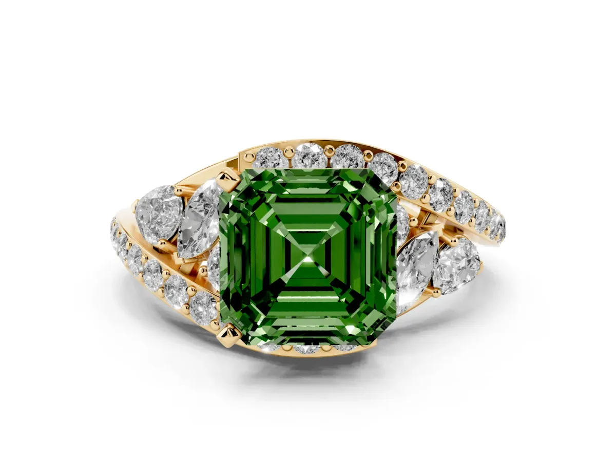 Fancy Green Asscher Cut Diamond Halo Ring with Marquise and Pavé Band in Prong Setting Yellow gold