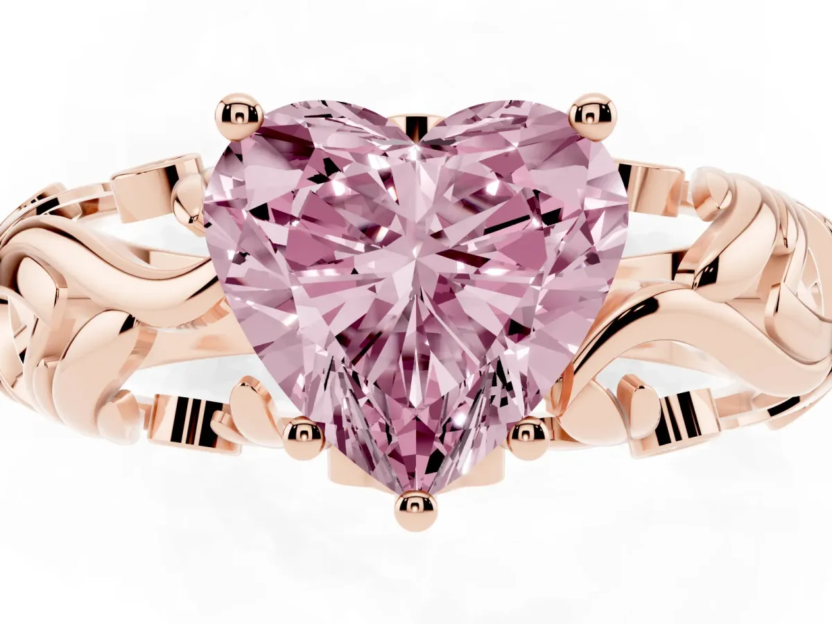 Fancy Pink Heart Cut Solitaire Diamond Leaf-Inspired Vine Band Ring with Prong Setting Rose gold