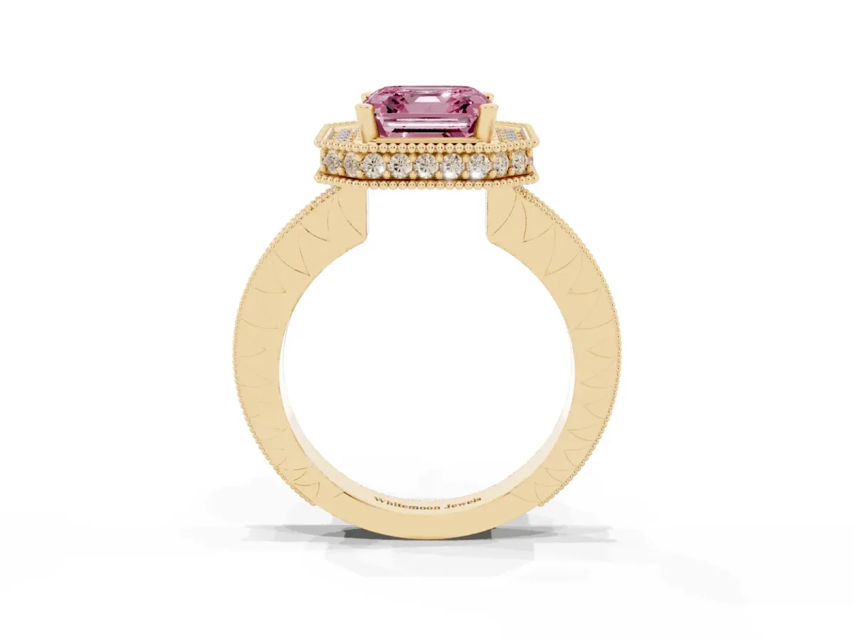 Fancy Pink Asscher Cut Diamond Milgrain Halo Engagement Ring with Round Pavé Band and Prong Setting Yellow gold