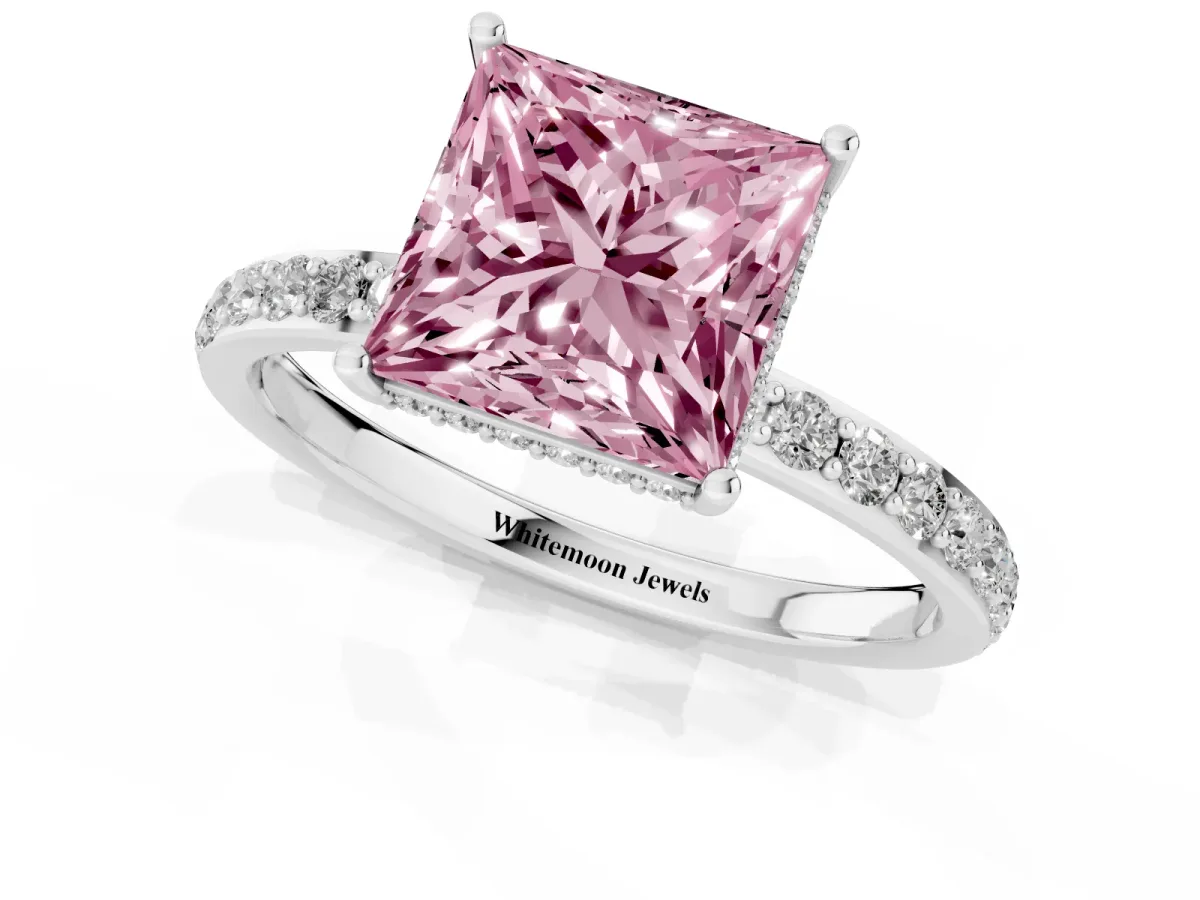 Fancy Pink Princess Cut Diamond Solitaire Ring with Pavé Band and Hidden Halo Silver